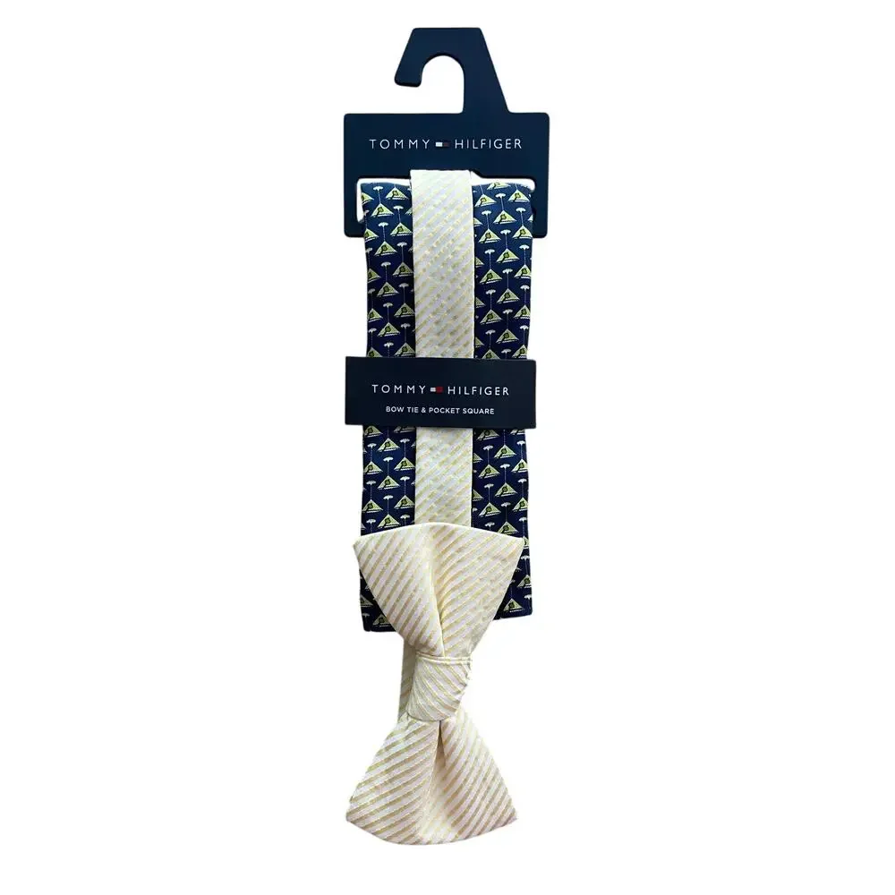 Tommy Hilfiger Tie Men's Bow Tie & Pocket Square Navy & Yellow Martini Print NEW